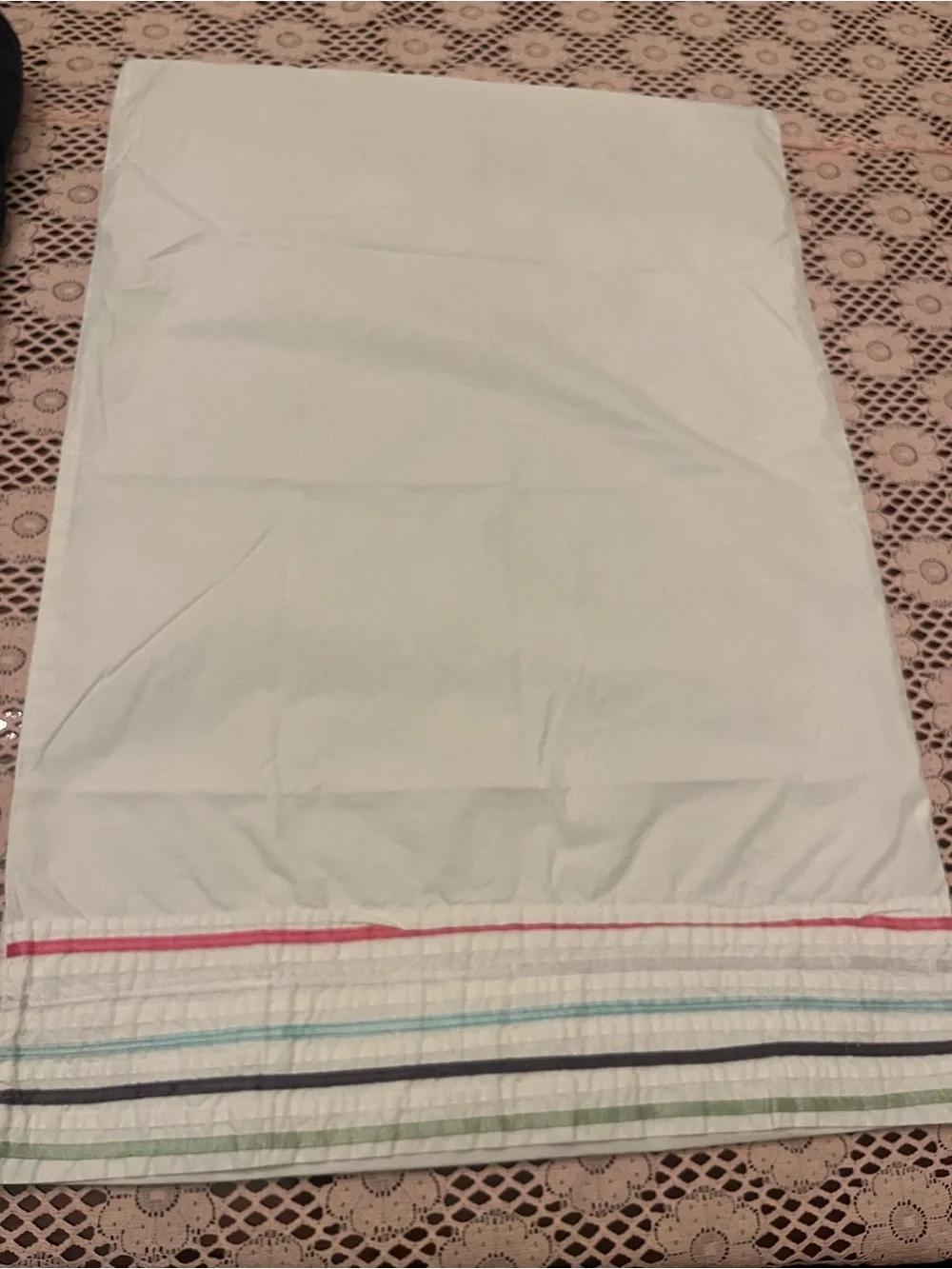Light Mint Cotton Pillowcase with Multicolor Striped Hem